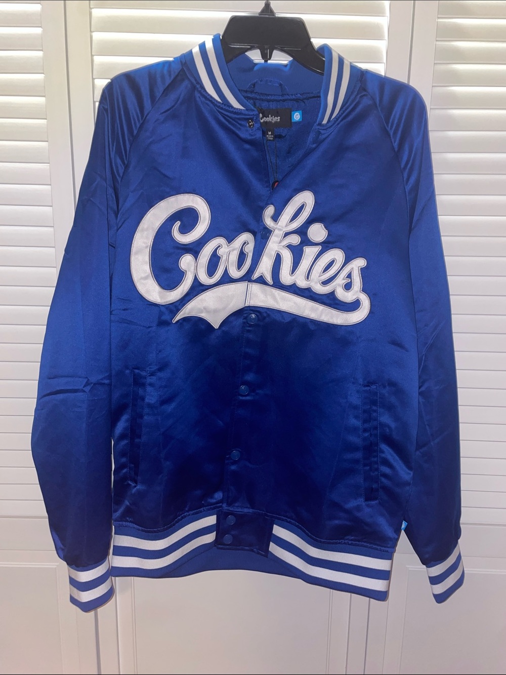 Cookies Blue Satin Varsity Jacket with White Script